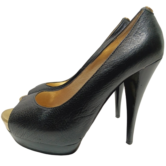 Michael Kors Black Leather Platform Peep Toe Stilettos Size 7.5 M Pumps Heels - Picture 5 of 11